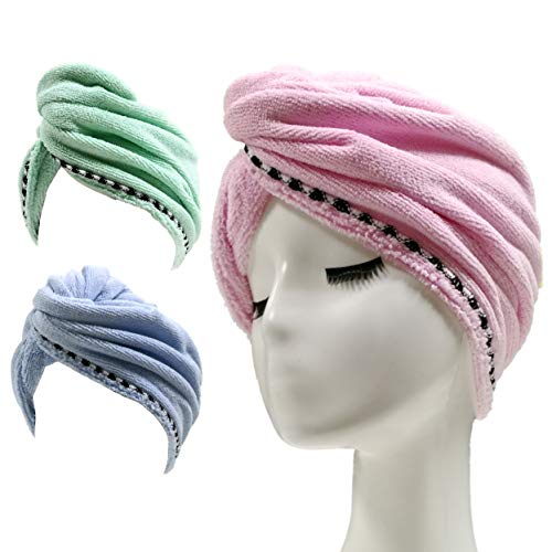 Polyte - Toalla turbante para el pelo - Microfibra - Azul claro, verde y rosa - 25 x 66 cm - Pack de 3