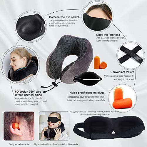 PON Almohada de Viaje Cojin Cuello para Cervical Ortopédica Terapéutica Utilizar-Almohada de Espuma Memoria Soporte Mentón a Dormir en Aviones, Tren, Coche (Negro)