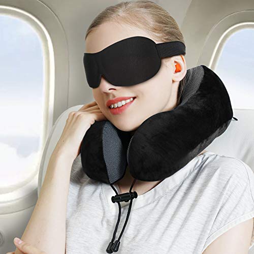 PON Almohada de Viaje Cojin Cuello para Cervical Ortopédica Terapéutica Utilizar-Almohada de Espuma Memoria Soporte Mentón a Dormir en Aviones, Tren, Coche (Negro)