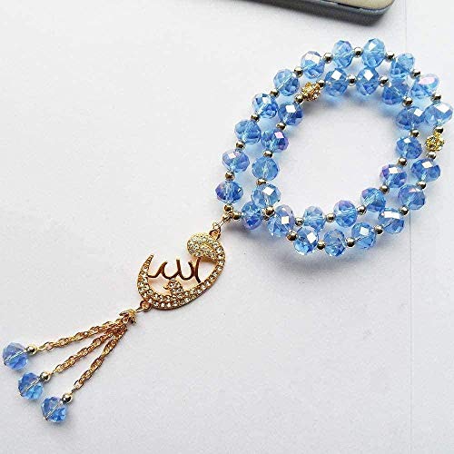 Pulsera, collar, clásico, 2R, cuerda, cadena, azul cielo, cristal, musulmán, pulsera, con, elástico, chapado, oro, aleación, cadena, musulmán, colgante, pulseras, hombre, mujer, pulsera, brazalete, he