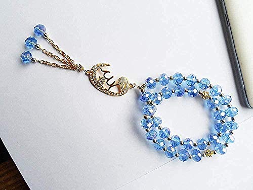 Pulsera, collar, clásico, 2R, cuerda, cadena, azul cielo, cristal, musulmán, pulsera, con, elástico, chapado, oro, aleación, cadena, musulmán, colgante, pulseras, hombre, mujer, pulsera, brazalete, he