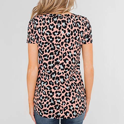 Qingsiy Camiseta Mujeres Verano Camisetas Leopardo Suelta Pullover Casual Camisa Manga Corta Cuello V Flojas Atractiva Blusa Sólido Tops Redondo Casual Tops (Rosa,L)