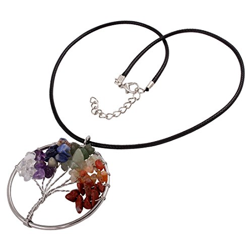 QIYUN.Z Árbol De La Vida Colgante Redondo Chakra del Cordón De Cuero Collar De Piedras Preciosas De La Cadena