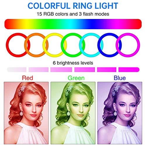 Queta Aro de Luz Trípode LED, Anillo de Luz 7 Colores RGB de 10" 2 Modo 10 Brillo Ajustable con Control Remoto Inalámbrico para Selfie Fotografía Youtube Maquillaje para Móvil, Tripode Ajustable 1.7m