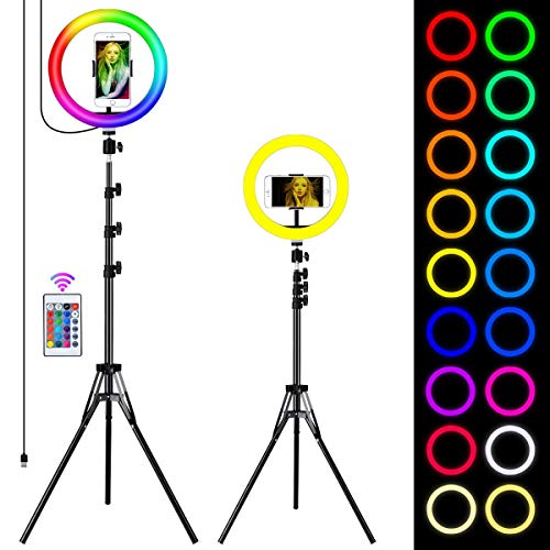 Queta Aro de Luz Trípode LED, Anillo de Luz 7 Colores RGB de 10" 2 Modo 10 Brillo Ajustable con Control Remoto Inalámbrico para Selfie Fotografía Youtube Maquillaje para Móvil, Tripode Ajustable 1.7m