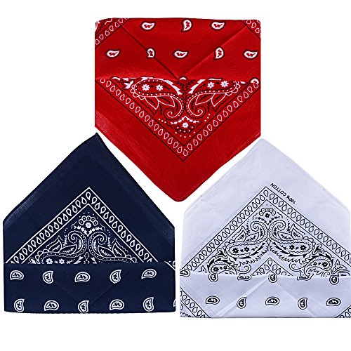 QUMAO Pack de 3 Pañuelos Bandanas de Modelo de Paisley para Cuello/Cabeza Multicolor Múltiple 100% Algodón para Mujer y Hombre (Pack de 3; Blanco&rojo&azul oscuro)