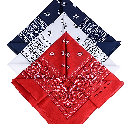 QUMAO Pack de 3 Pañuelos Bandanas de Modelo de Paisley para Cuello/Cabeza Multicolor Múltiple 100% Algodón para Mujer y Hombre (Pack de 3; Blanco&rojo&azul oscuro)