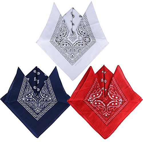 QUMAO Pack de 3 Pañuelos Bandanas de Modelo de Paisley para Cuello/Cabeza Multicolor Múltiple 100% Algodón para Mujer y Hombre (Pack de 3; Blanco&rojo&azul oscuro)