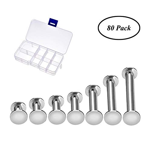 Qutaway Chicago Tornillos de sujeción Kit surtido 80 Set 7 tamaños Accesorios de metal Remache de uñas Chicago Button Tornillo de plata Postes para decoración de cuero DIY Encuadernación