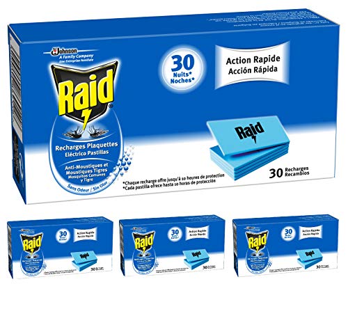 Raid Recambio para Difusor Eléctrico Pastillas Anti Mosquitos Comunes y Tigre, Acción Rápida, 4 paquetes con 30 pastillas, total de 120