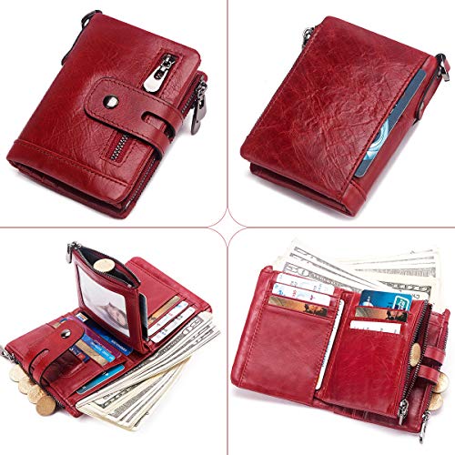 REETEE Cartera Mujer Piel Bloqueo RFID Monedero de Cuero Pequeño Mujer 16 Ranuras para Tarjetas Mujer Carteras con Cremallera Compartimiento Múltiple Billetera Bifold Mujeres (Rojo)