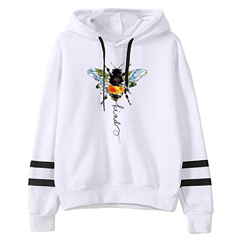 ReooLy Suéter con Capucha de Manga Larga con Bloques de Color y Barras paralelas con Estampado de Abejas Ladies(Blanco，L)