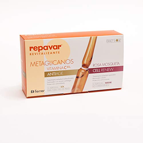 Repavar METAGLICANOS Anti Edad más Cellrenew,  tratamiento facial día y noche.  15 ampollas antiedad con vitamina C y 15 de de renovación celular con Rosa Mosqueta.