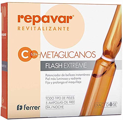 Repavar METAGLICANOS Flash Extreme 5 Ampollas. Con 5,5% de Vitamina C pura. Efecto lifting y antiedad instantáneo.