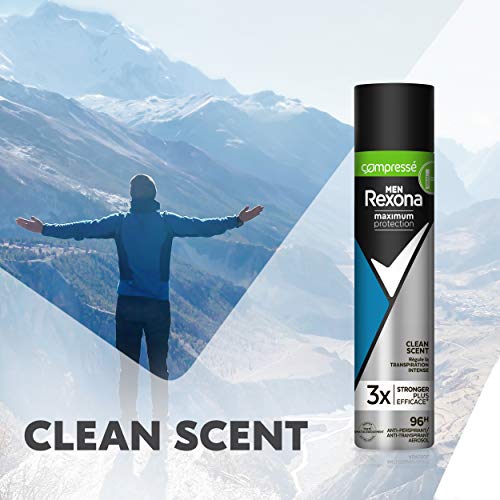 Rexona Déodorant Homme Compressé Clean Scent, Anti-transpirant Maximum Protection, Efficace contre la transpiration excessive, Formule testée dermatologiquement, Protection 96h Spray 100ml