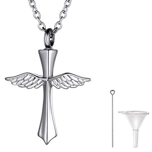 Richsteel DIY Cruz ala de Ángel Guardapelo Acero Relicario Perfume Colgante para Cenizas Urna cremación Amor Querido Recuerdo Cerca de Corazón, Cadena Acero Inoxidable Hombre Mujer Ajustable