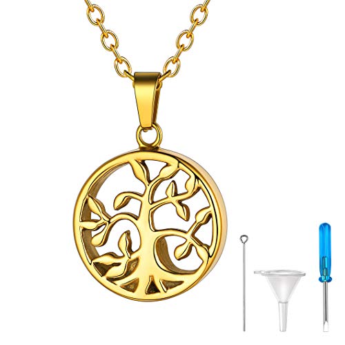 Richsteel Personalizable Colgante de Oro Color Guardapelo Árbol de Vida Relicario Perfume Urna cremación Cenizas Recuerdo, Collar Ajustable 22 Pulgadas Acero Inoxidable con baño de Oro