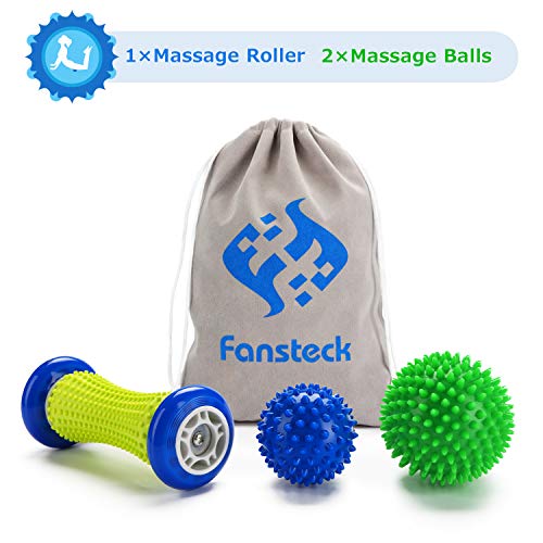 Rodillo de Masaje, Fansteck Masajeador de Pies y Manos, Masajeador ergonómico para aliviar dolor de Fascitis Plantar, músculo, cervical, muñecas y etc. Con 2 Pelotas Masaje. Material Seguro Duradero.