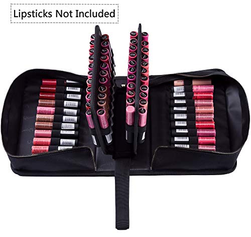 ROWNYEON Portable Lipstick Tester Case Lipstick Stock Case Holder Organization with Carrying Handle Lipstick Makeup Bag ( 70 Slot Golden zipper black )