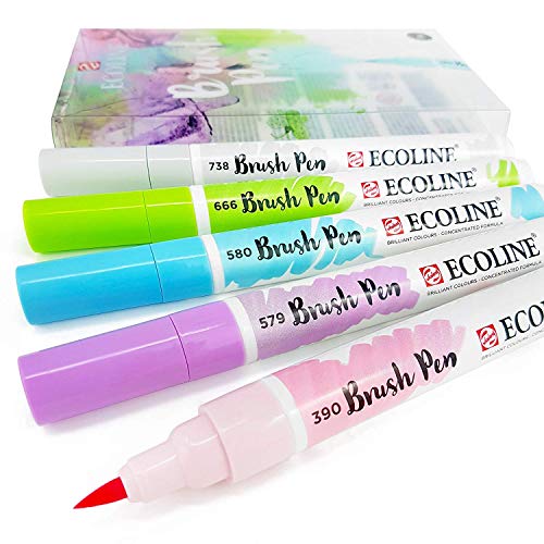 Royal Talens Ecoline Líquido Acuarela Dibujo Pintura Rotuladores Pincel - Pastel Set de 5 IN Cartera + Combinación Bolígrafo