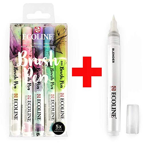 Royal Talens Ecoline Líquido Acuarela Dibujo Pintura Rotuladores Pincel - Pastel Set de 5 IN Cartera + Combinación Bolígrafo