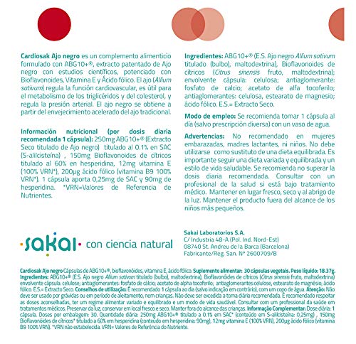 Sakai - Cardiosak Ajo Negro - Regula la función cardiovascular - Triglicéridos - Tensión arterial - Colesterol - ABG10+, Bioflavonoides, Vitamina E y Ácido Fólico - Sin olor - Sin sabor