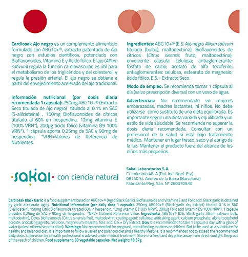 Sakai - Cardiosak Ajo Negro - Regula la función cardiovascular - Triglicéridos - Tensión arterial - Colesterol - ABG10+, Bioflavonoides, Vitamina E y Ácido Fólico - Sin olor - Sin sabor