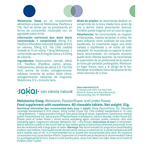 Sakai - Melatonina Sleep, 60 comprimidos masticables. Conciliación rápida del Sueño con efecto Duradero. Melatonina, Pasiflora y Tila. 1,9mg de Melatonina por comprimido.