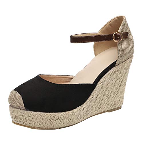 Sandalias Mujer Verano 2019, VECDY Moda para Mujer Flock Wedges Tobillo Alto Sandalias al Aire Libre Punta Redonda Calzado Casual cuña 6cm Casual Calzados Zapatillas（Negro，EU-40）