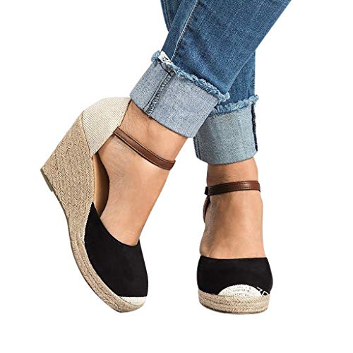 Sandalias Mujer Verano 2019, VECDY Moda para Mujer Flock Wedges Tobillo Alto Sandalias al Aire Libre Punta Redonda Calzado Casual cuña 6cm Casual Calzados Zapatillas（Negro，EU-40）