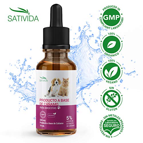 Sativida Hemp Oil Pets - Aceite de Cáñamo para Mascotas 5% | 500mg Perros y Gatos Ideal para Ansiedad, Dolor, Estrés, Sueño, Articulaciones, Piel, Músculos | 10ml.