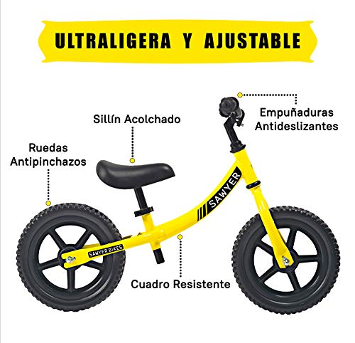 Sawyer - Bicicleta Sin Pedales Ultraligera - Niños 2, 3 y 4 Años (Amarillo)