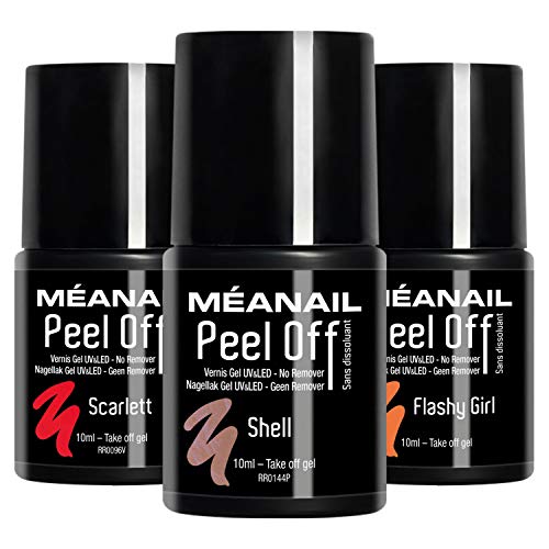 Set de 3 Esmaltes Semipermanentes Peel Off de 10 ml • No Necesita Remover • Colores: Shell, Flashy Girl & Scarlett • Vegan & Cruelty Free • Méanail Paris