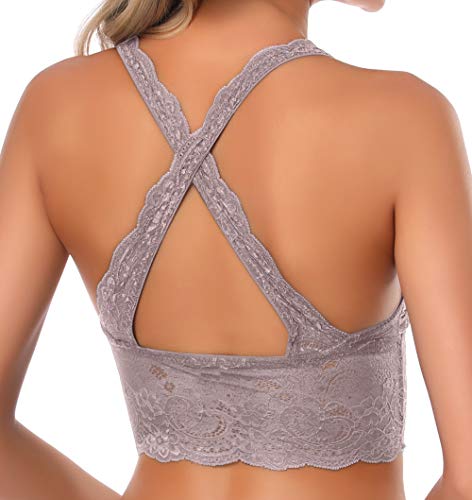 SHEKINI Sujetador Bralette Blonda Estilo Top Triangular de Encaje Crochet Lace sin Aro con Relleno Extraíble y Tirantes Cruzados no Ajustables sin Cierre para Mujer …