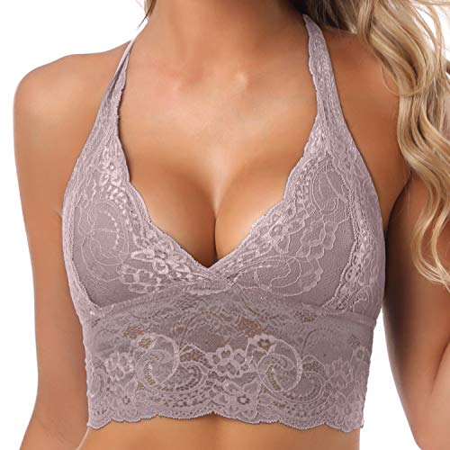 SHEKINI Sujetador Bralette Blonda Estilo Top Triangular de Encaje Crochet Lace sin Aro con Relleno Extraíble y Tirantes Cruzados no Ajustables sin Cierre para Mujer …