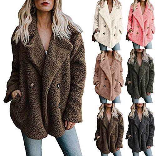 SHOBDW Mujer Chaqueta para Mujer de Moda Sólida Chaqueta Casual Otoño Invierno Tops de Manga Larga Parka cálida Outwear Abrigo para Mujer Turn Down Collar Overcoat Ladies Outercoat (Large, Café)