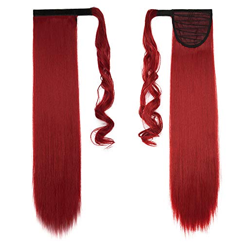 Silk-co Coleta Postiza de Pelo Sintético Liso con Clips Extensiones Cola de caballo Recto Largo postizo Cola de Caballo Extensiones Envolventes #Rojo Oscuro (65cm,100g)