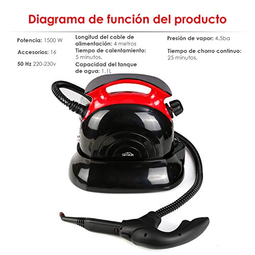 SIMBR Limpiador Vapor Manual Vaporeta Capacidad de 1100ml y Potencia de 1500W, 4.5 Bar, 13 Accesorios para Pisos, Alfombras Y Ventanas