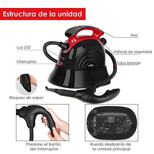 SIMBR Limpiador Vapor Manual Vaporeta Capacidad de 1100ml y Potencia de 1500W, 4.5 Bar, 13 Accesorios para Pisos, Alfombras Y Ventanas