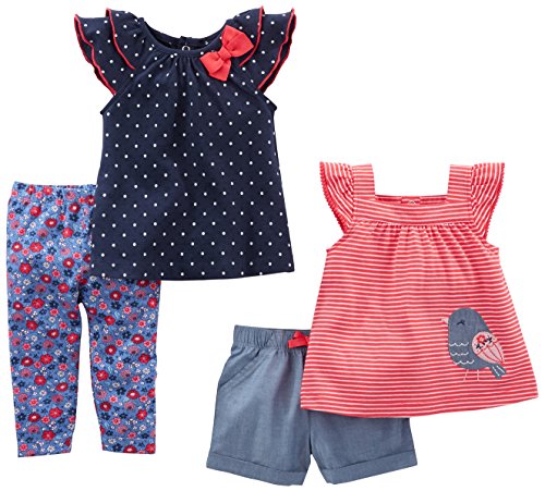 Simple Joys by Carter's - Juego de ropa de juego para niñas (4 piezas) ,Navy Dot/Red Stripe Bird ,0-3 Months