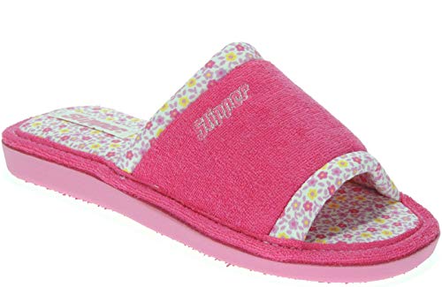 Slipper 16-107 Zapatilla Llana Chinela Destalonada Descalza y Punta Abierta en Toalla con Mariposa de Casa para Mujer Fucsia Talla 36