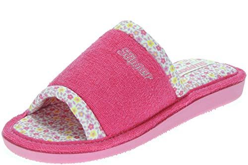 Slipper 16-107 Zapatilla Llana Chinela Destalonada Descalza y Punta Abierta en Toalla con Mariposa de Casa para Mujer Fucsia Talla 36