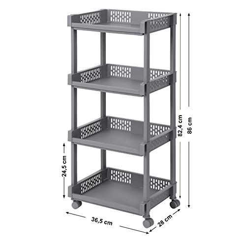 SONGMICS Carrito de Cocina con Ruedas, Estantería de 4 Niveles, 86 cm de Alto, para Cocina, Oficina, Baño, Gris KSC04GY