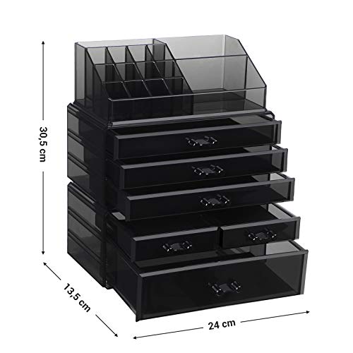 SONGMICS Organizador de Maquillaje Acrílico Grande, Caja de Cosméticos Apilable con 6 Cajones, para Paleta, Cepillo, Base de Maquillaje, Lápiz Labial, Esmalte de uñas, Regalo, Negro JKA009BK