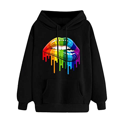 Sudadera con Capucha Casual del Color del Caramelo del Arco Iris De Las Señoras, Top Flojo De La Sudadera con Capucha De La Impresión del Labio De La Manga Larga del Otoño 3D