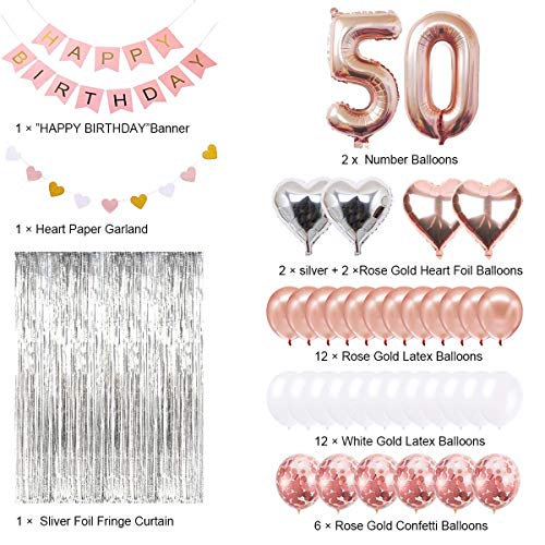 SUNPAT Decoraciones de Cumpleaños Número 50 Banner Globo Decoraciones de Cumpleaños Número 50 Artículos de Fiesta Regalos Para Mujeres Globos Número 50 de Oro Rosa, Globos de Confeti de Oro Rosa