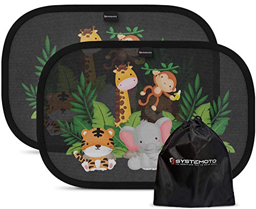 Systemoto protección solar, pasarol, coche bebé con protección UV certificada (juego de 2) - Viseras autoadhesivas para niños con dulces motivos animales (Vida salvaje)