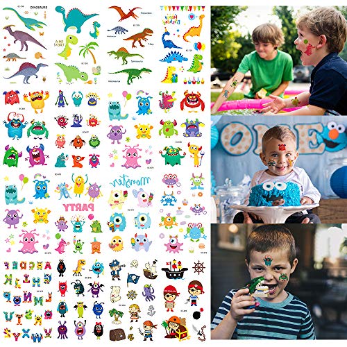 Tatuajes Temporales Para Niños, MMTX 200pcs Monstruo Pirata Dinosaurio Tatuaje Falso Pegatinas Perfecto Para Niños infantiles fiesta de cumpleaños regalo Bolsas Relleno (15 Hojas)