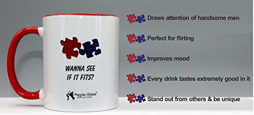 Taza divertida con texto en inglés «Wanna See if it fits» para el día de la madre, cumpleaños, día de San Valentín, Navidad, oficina, té, café de 325 ml y COPULINOL, 1,5 ml, 100% feromona para mujeres