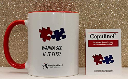 Taza divertida con texto en inglés «Wanna See if it fits» para el día de la madre, cumpleaños, día de San Valentín, Navidad, oficina, té, café de 325 ml y COPULINOL, 1,5 ml, 100% feromona para mujeres